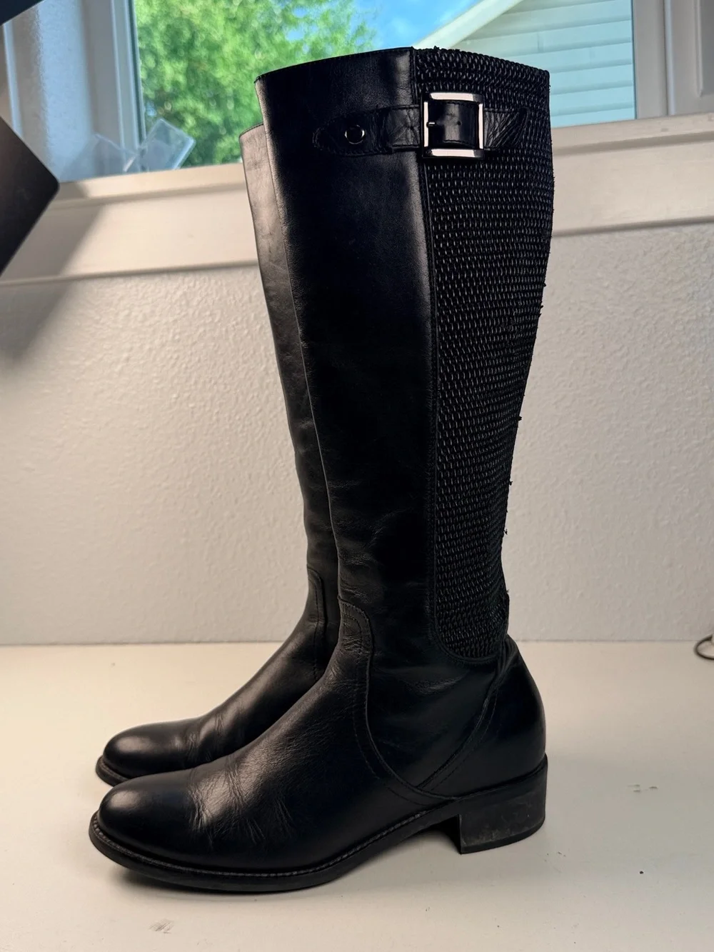 Aquatalia Black Leather Tall Riding Boots Mesh Panel Women Size 6.5 Italy